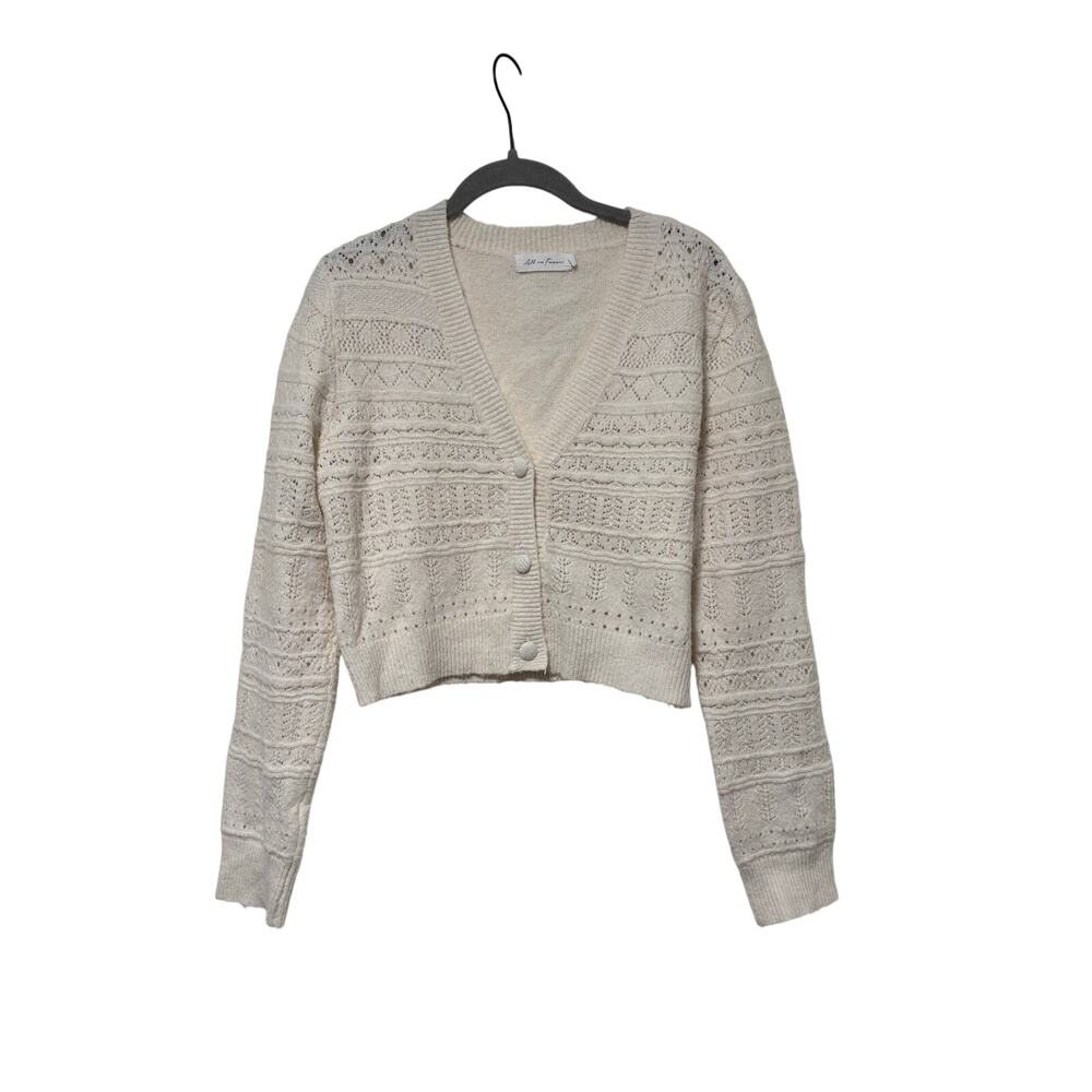 All In Favor Ivory Pointelle Knit Cropped Cardigan Women’s Small Button Front - Picture 2 of 7